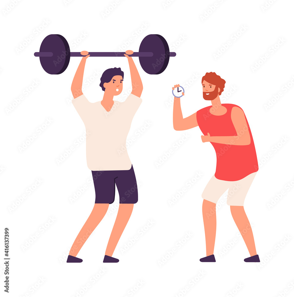 Obraz premium Personal training. Fitness male coach and bodybuilder. Cartoon training or workout vector concept. Illustration fitness sport instructor, gym coach