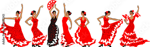 Set of flamenco dancers in red traditional spanish dresses isolated on white background