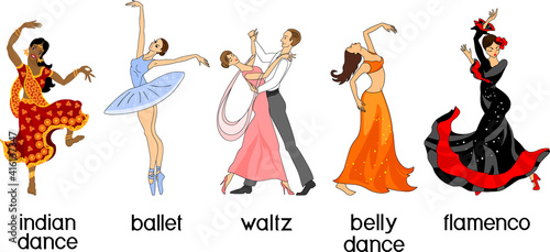 Various style dancing. Set with dancers of ballet, flamenco, indian, oriental dance and waltz isolated on white background