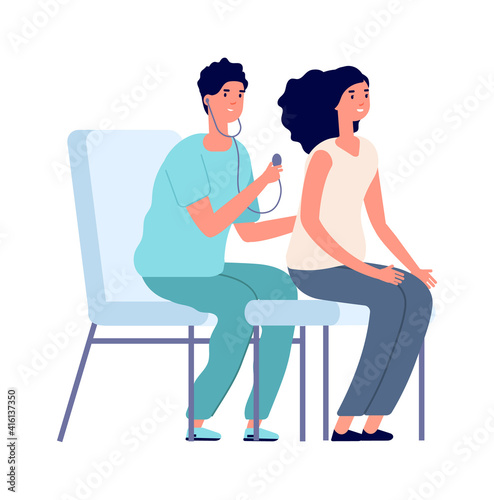 Medical check up. Woman and doctor, female clinical examination healthcare. Flat cartoon girl at hospital vector illustration. Doctor medical check up, woman patient in hospital