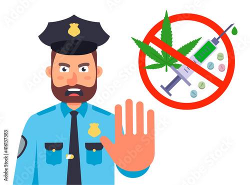 ban on drug use. the police stop for a search of drugs. flat character vector illustration isolated on white background.