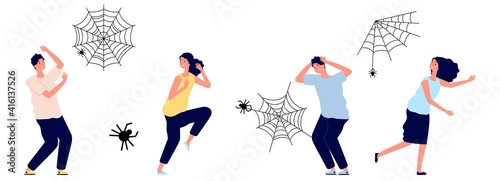Arachnophobia. People irrational extreme fear spiders. Cobweb and insects  man woman in panic or stress  afraid vector characters. Arachnophobia and fear arachnid  phobia insect toxic illustration