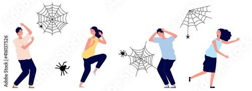 Arachnophobia. People irrational extreme fear spiders. Cobweb and insects, man woman in panic or stress, afraid vector characters. Arachnophobia and fear arachnid, phobia insect toxic illustration