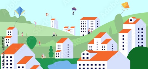 Family in city park. Spring landscape, summer vacations or holidays. People neighborhood, new district with tenants. Kites in sky, man woman walking vector illustration. City landscape park
