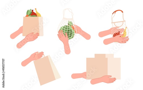 Hand with shopping bags. Delivery, food purchase or parcels. Online shopping metaphor, isolated hands holding packs vector set. Illustration food purchase, delivery courier service