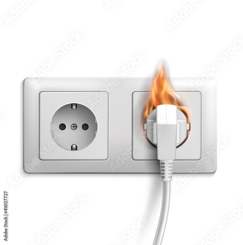 Short circuit realistic vector design with 3d electric outlet on fire. Electrical power double socket and plug with fire flames and smoke, electrical safety, overload and overheat wiring concept