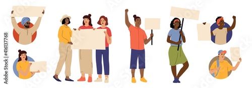 People with placards. Protesters avatars, women rights or feminism. Diverse multicultural characters hold blank posters vector set. Feminist power, equality gender protester illustration