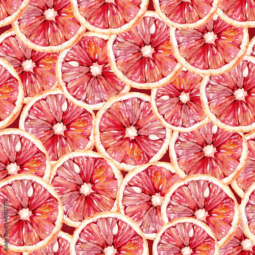 seamless pattern of slices of red oranges, illustration watercolor hand painted