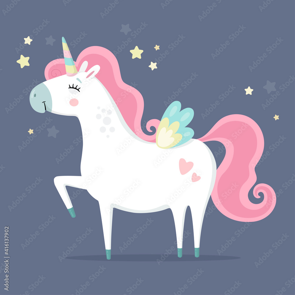 Cute magical unicorn. Little princess theme. Vector hand drawn illustration. Beautiful fantasy cartoon animal. Great for kids party, greeting cards, invitation, print for apparel