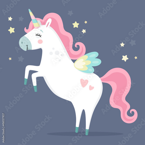 Cute magical unicorn. Little princess theme. Vector hand drawn illustration. Beautiful fantasy cartoon animal. Great for kids party  greeting cards  invitation  print for apparel