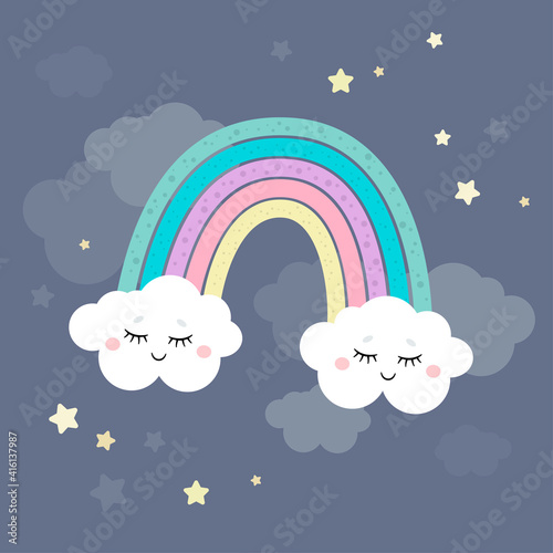 Fototapeta Naklejka Na Ścianę i Meble -  Cute magical rainbow and clouds in unicorn theme or little princess theme. Vector hand drawn illustration. Great for kids party, greeting cards, invitation, print for apparel