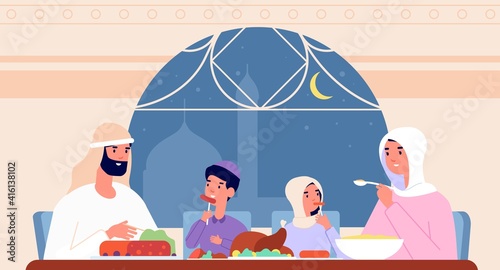Family ramadan dinner. Arab eat, gathering at home for iftar party. Arabic parents and children, saudi meals at table utter vector illustration. Family dinner, ramadan holiday muslim