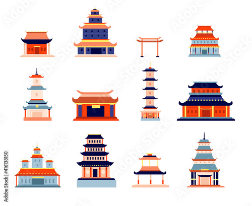 Chinese buildings. China town, temple culture symbol design. Asia architecture, ancient pagoda, japanese or korean house vector set. Illustration building chinese temple, landmark house architecture