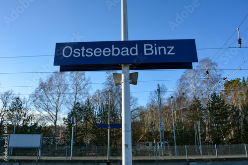 Railway station platform with sign Binz on the island of Ruegen, Germany