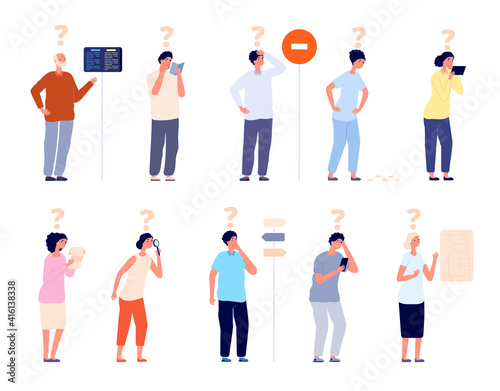 People ask. Businessman asking question, interrogative mark or questions. Think about problem, finding answer. Utter confused vector characters. Illustration people ask and find solution