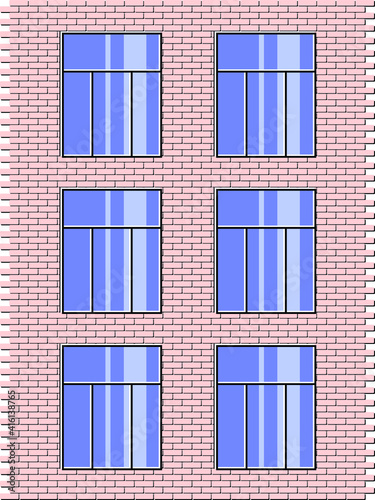 Vector graphics - the facade of a new brick building with three floors, glass windows. Concept-architectural background