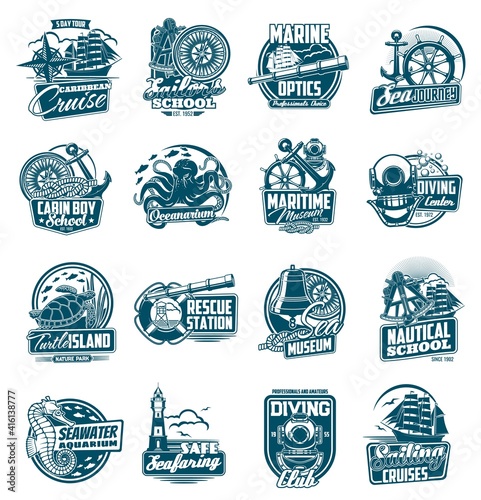 Marine sailing and nautical journey icons set. Sailboat steering wheel, vintage diving suit helmet and anchor, oceanarium sea animals, rescue station lifebuoy and compass, ropes engraved vector