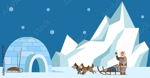 Eskimo harnesses dog for sleigh rides and waves his hand. Igloo indigenous person prepares to travel. Representative of eastern peoples lives in cold region. Man in Eskimo costume goes to igloo