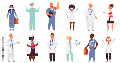 Doctor nurse characters. Medical nurses, health care flat male. Female doctors helping, hospital caring works. Decent medicine people vector set. Doctor and nurse, medical staff illustration