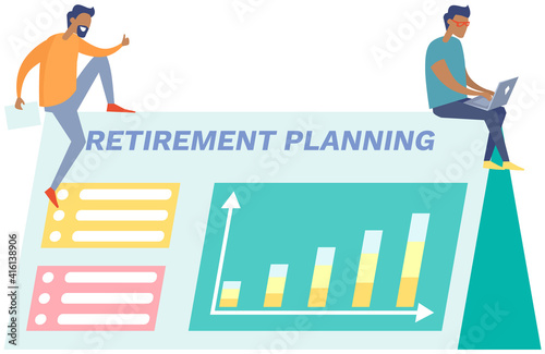 Businessman with laptop giving presentation of retirement plan with growing rates. Pension savings and planning concept illustration with men, financial and accounting consultants for pensioners