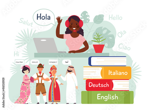 Foreign language learning. Mobile learn, contacts on english german. Friends conversation, study dictionary or people say hello decent vector concept. Online education and translation illustration