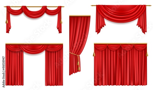 Realistic curtains, 3d vector red folded cloth with gold tassels and pelmet for window or theater stage decoration. Luxury fabric silk or velvet drapery, soft material mockup for interior design set