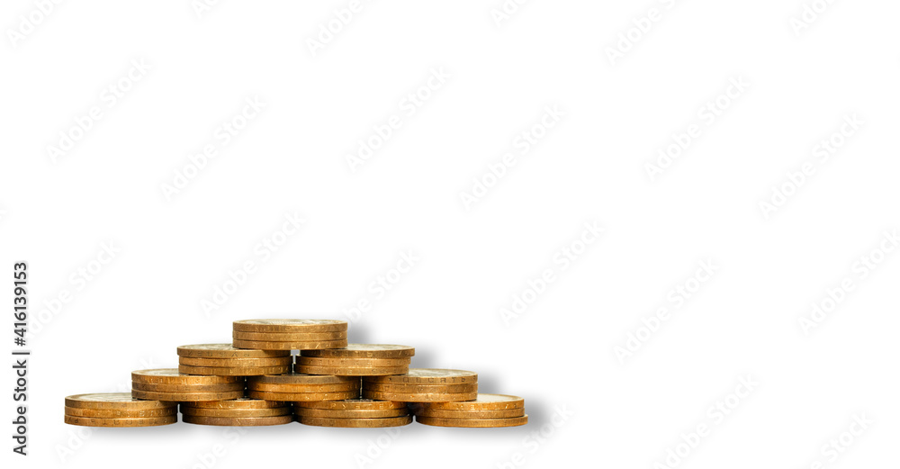 isolated pyramid of golden coins on the white background with copy space isolated pyramid of golden coins on the white background with copy space