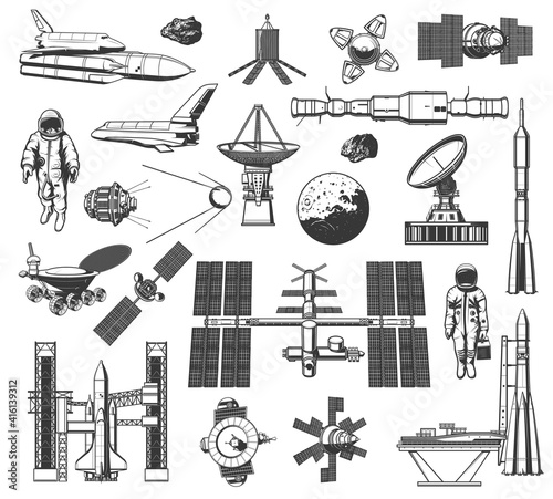 Outer space explore monochrome vector icons. Universe expedition galaxy adventure. Astronaut, space shuttle and satellites cosmos research. Explorers and alien planet colonization mission retro labels