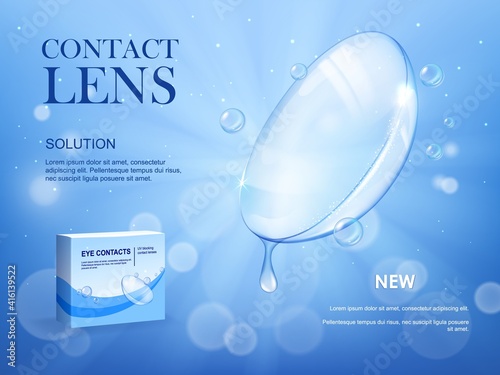 Eye contact lens new medical solution banner. Soft scleral contact lens with falling and dripping water or tear droplets, product packaging box 3d realistic vector. Eyesight treatment product poster