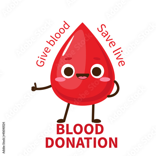 Blood donation poster with red drop cartoon character