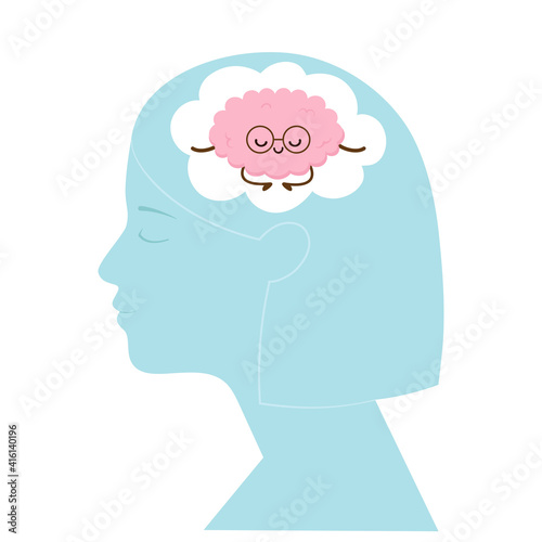 Meditation concept with woman head profile silhouette and meditating cartoon brain