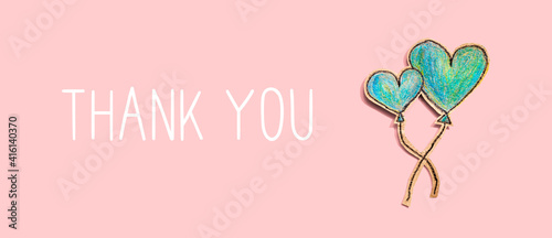 Thank you message with hand draw blue hearts - flat lay