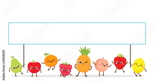 Cartoon vector funny fruits holding banner