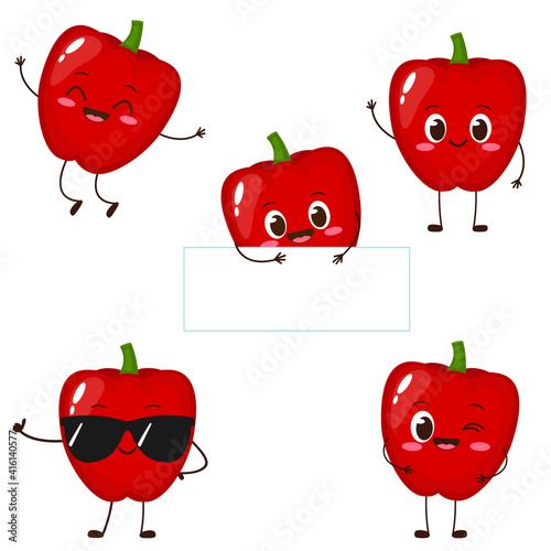 Cute red sweet pepper character set