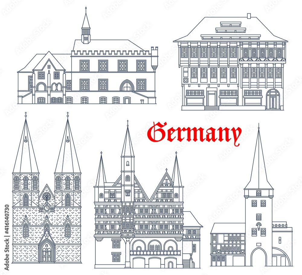Germany landmarks architecture, buildings and cathedrals of German Saxony cities, vector icons. St Cyriacus church, Duderstadt Westerturm, Gottingen rathaus and Rats Apotheke fachwerk house in Einbeck