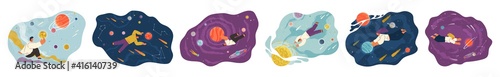 People flying in space vector flat scenes set with planets and stars cartoon cosmic illustration. Characters holding planet with dream universe. Person flies in blue sky space. Abstract style people
