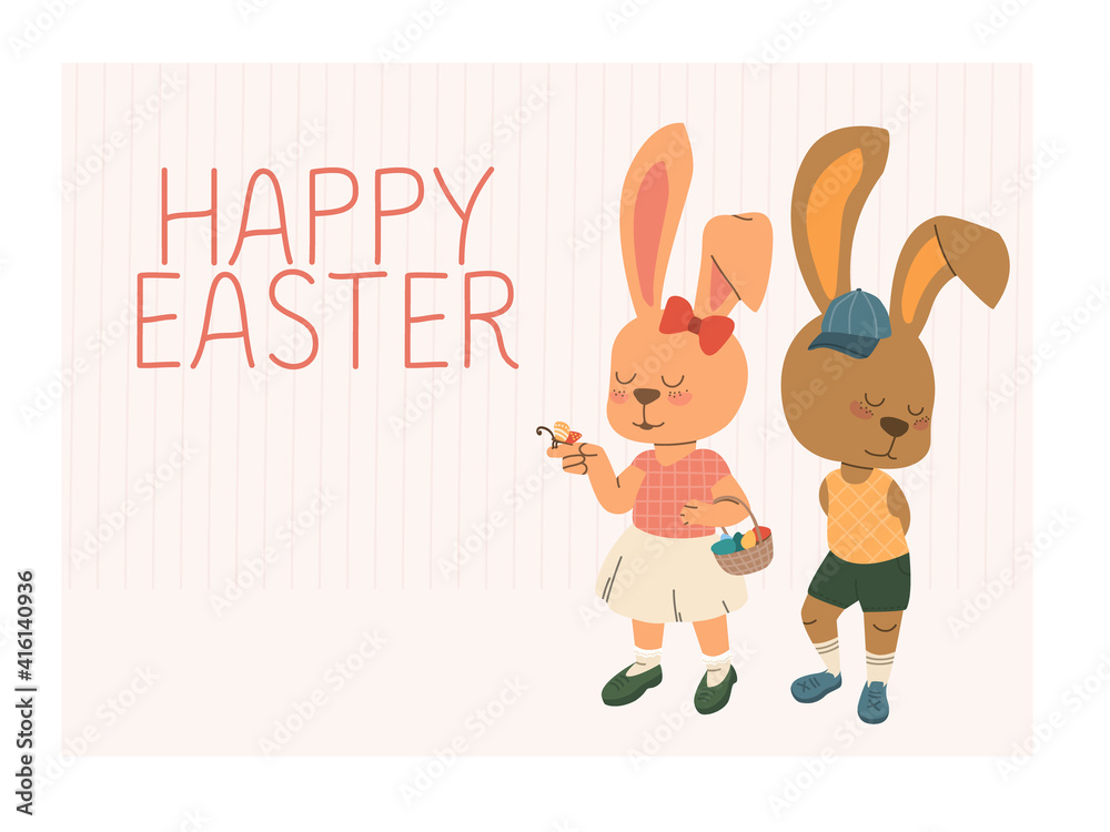 Happy Easter text, greeting card with cartoon Easter bunnies. A hare girl with a basket of eggs and a hare boy. Happy Easter text, greeting card with cartoon Easter bunnies. A hare girl with a basket of eggs and a hare boy.