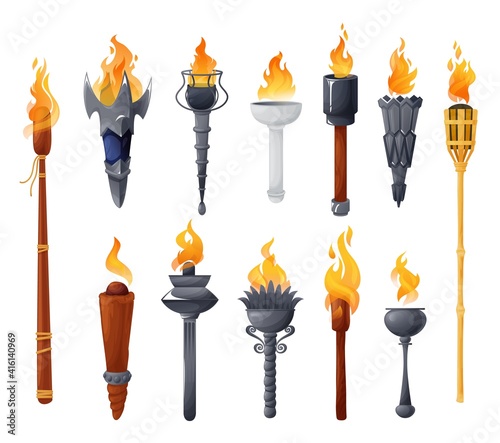 Medieval torches with burning fire vector set. Ancient metal and wooden brands of different shapes with flame. Cartoon elements for pc game, flaming torchlight or lighting flambeau isolated icons