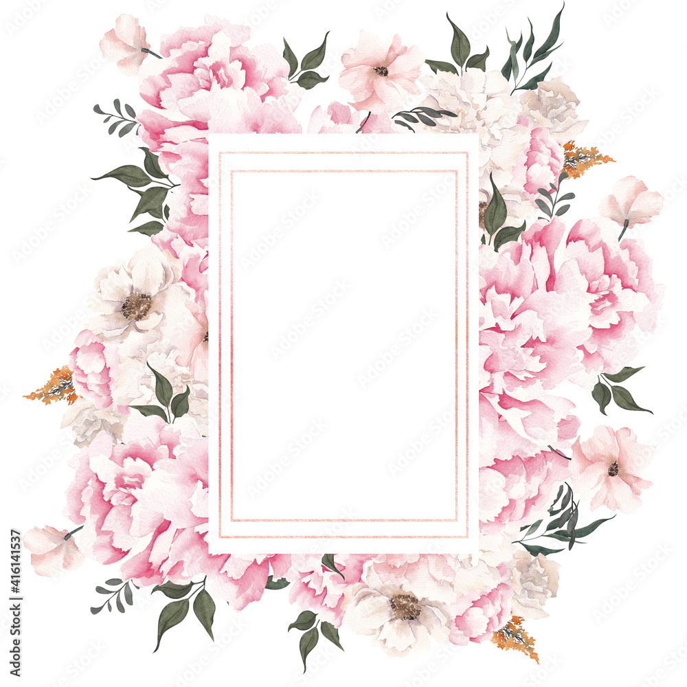 Watercolor frame with flowers and leaf, isolated on white background