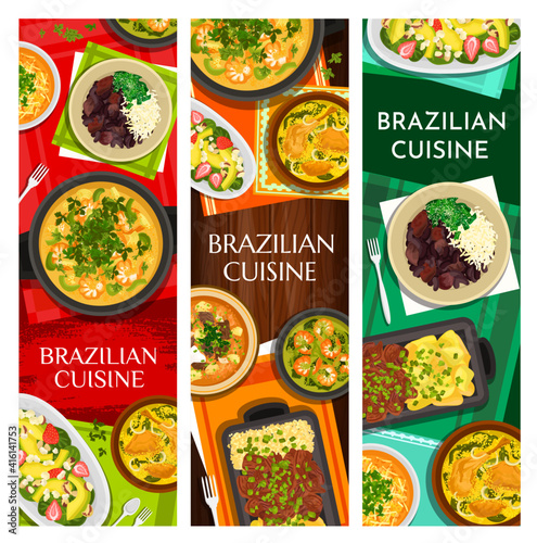Brazilian cuisine vector meals corn chowder, black bean stew feijoada, beef stew picadinho de carne. Shrimp and chicken soup, seafood stew moqueca, avocado strawberry salad, beef steak with yuca fries