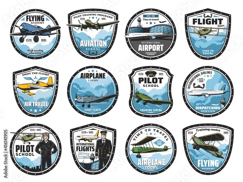 Flying academy, airplane tour and airline flight icons set. Airport dispatching service, pilot training center and air travel emblem or badge. Flying airliner and vintage propeller aircraft vector