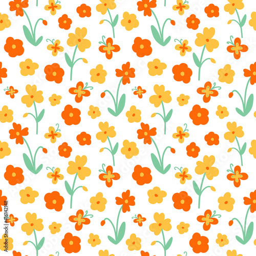 Wallpaper Mural Vector orange and yellow floral pattern in flat style. Flowers and butterflies cute seamless print on white background for textile, fabric, wallpaper, wrapping, scrapbooking, design and decoration. Torontodigital.ca