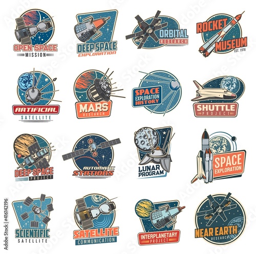 Space vector retro icons mars mission, rocket museum and near earth orbital station, moon program, artificial satellite and deep space exploration. Scientific research and shuttle project labels set