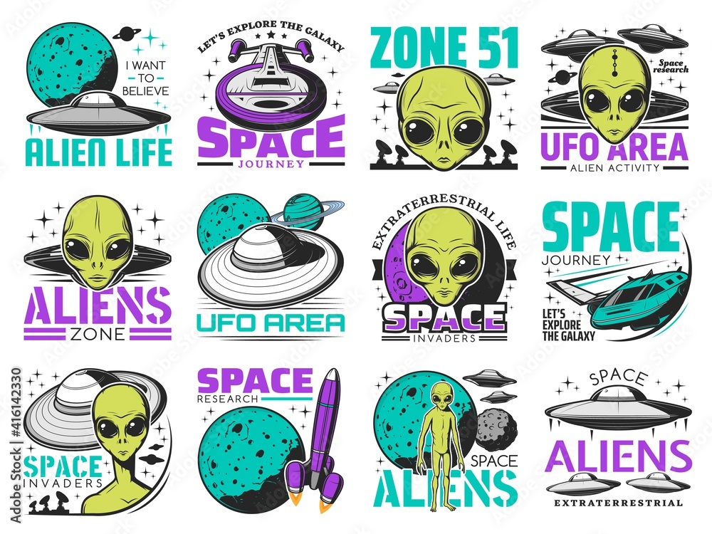 Aliens, ufo area and space shuttles vector retro icons. Extraterrestrial comer with green skin and huge eyes. Space exploration labels with spaceship in cosmos, saucers in sky, alien zone emblems set