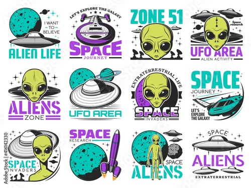 Aliens, ufo area and space shuttles vector retro icons. Extraterrestrial comer with green skin and huge eyes. Space exploration labels with spaceship in cosmos, saucers in sky, alien zone emblems set