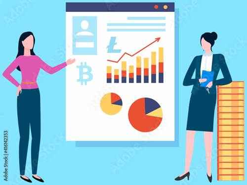Women financial experts confer on cryptocurrency growth. Increase of new innovative money concept. Bitcoin crypto currency chart of financial system is growing. Line of upward trend arrow on board