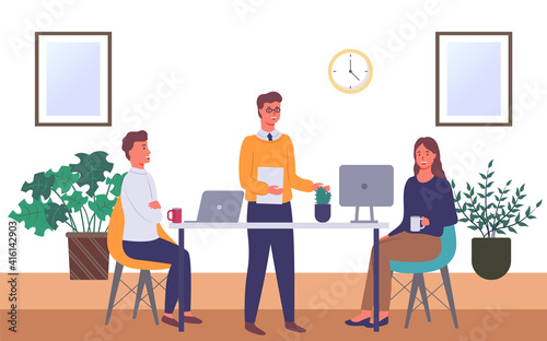 Businessmen dressed in formal clothes are sitting at the table with laptop and talking. Office workers discussing matters. Business meeting and consideration of working issues. Friendly team work