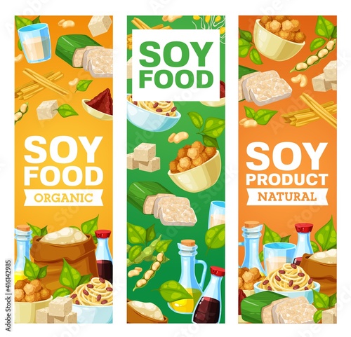 Soybean and soy products vector banners. Miso paste, soy sauce and tofu cheese, soybean milk and oil, flour, meat and skin, tempeh and sprouted beans. Asian cuisine, vegetarian and vegan nutrition