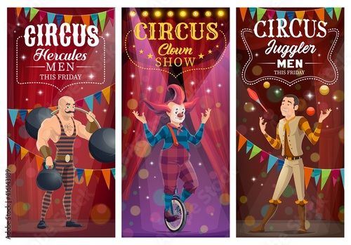 Circus clown , juggler and strongman vector characters. Top tent cartoon artists performing tricks on big top arena. Circus show with artists, carnival amusement entertainment on scene, banners set