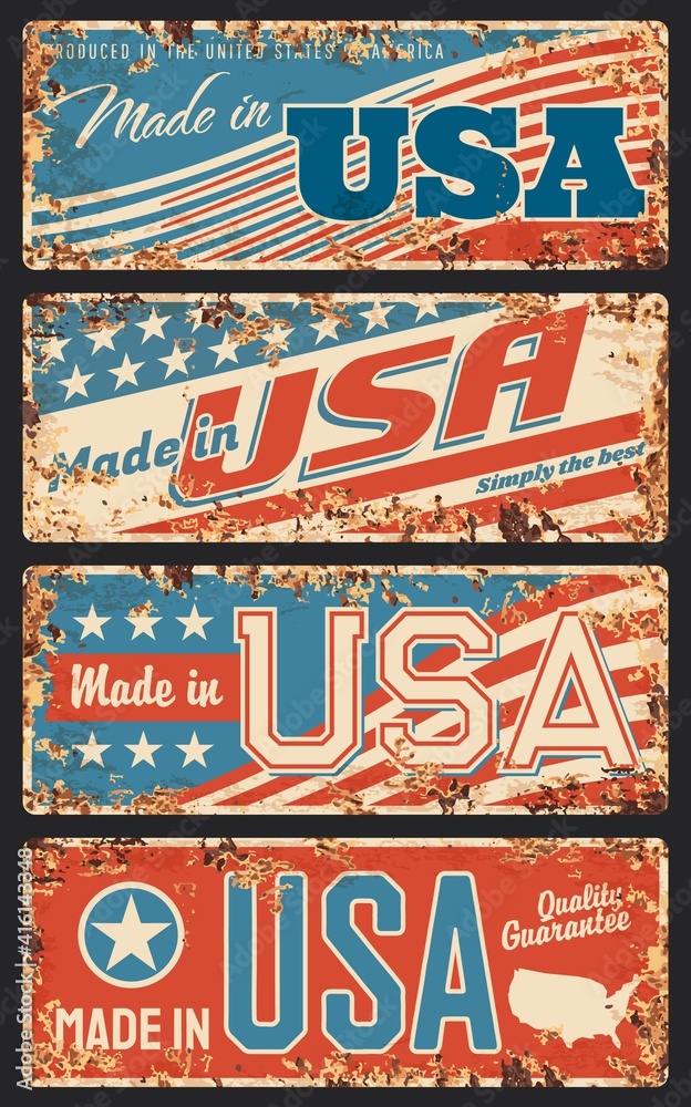 custom made wallpaper toronto digitalMade in USA rusty metal plates, old retro signboards with United States of America national flag stripes and stars, patriotic and nation proud inscriptions typography, rust texture frame vector